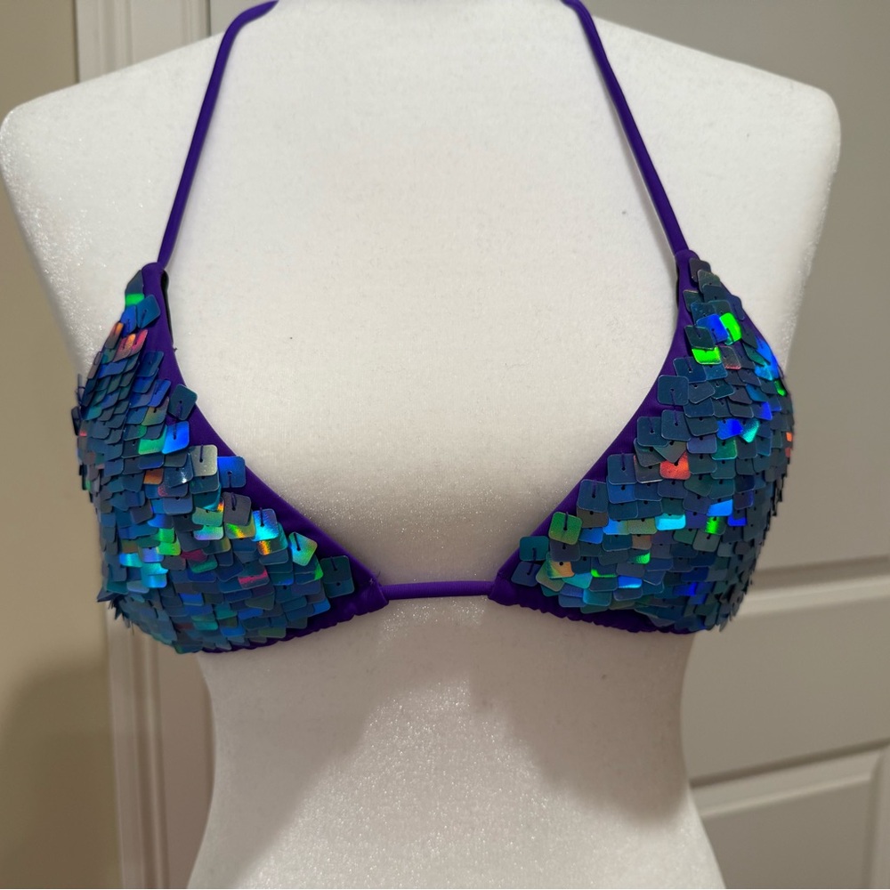 victoria secret blue purple sequin bikini top size medium like new